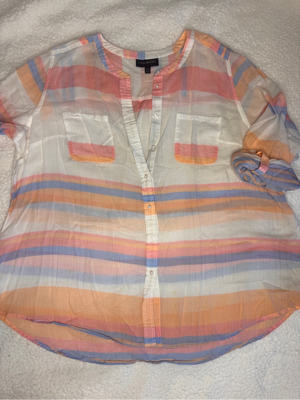 Lane Bryant Striped Button-Down Shirt in Coral, Peach & Lavender